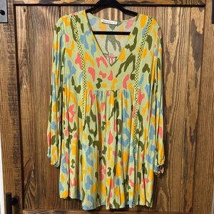 SHEIN Multicolor Abstract Print V-Neck Tunic - Green, Pink, Blue, Yellow